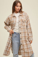 Brushed Plaid Long Shacket With Pockets