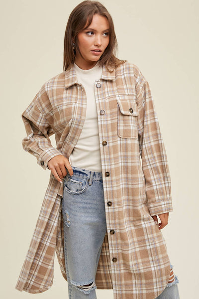 Brushed Plaid Long Shacket With Pockets