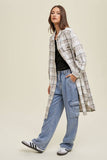 Brushed Plaid Long Shacket With Pockets