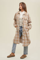 Brushed Plaid Long Shacket With Pockets